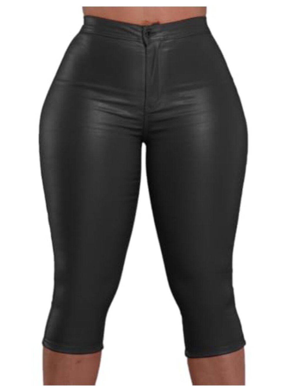 Faux Leather Capri Pants High Waisted Crop Leggings with Pockets
